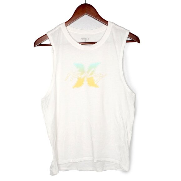 Hurley Scoop Neck Tank Top 100% Cotton White Workout Gym Casual Lightweight Logo - Picture 2 of 4